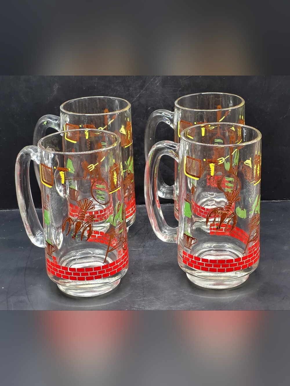 Vintage Set Of 4 Mid-Century Hazel Atlas BBQ 1950s Glass Beer Mugs Steins 12 oz